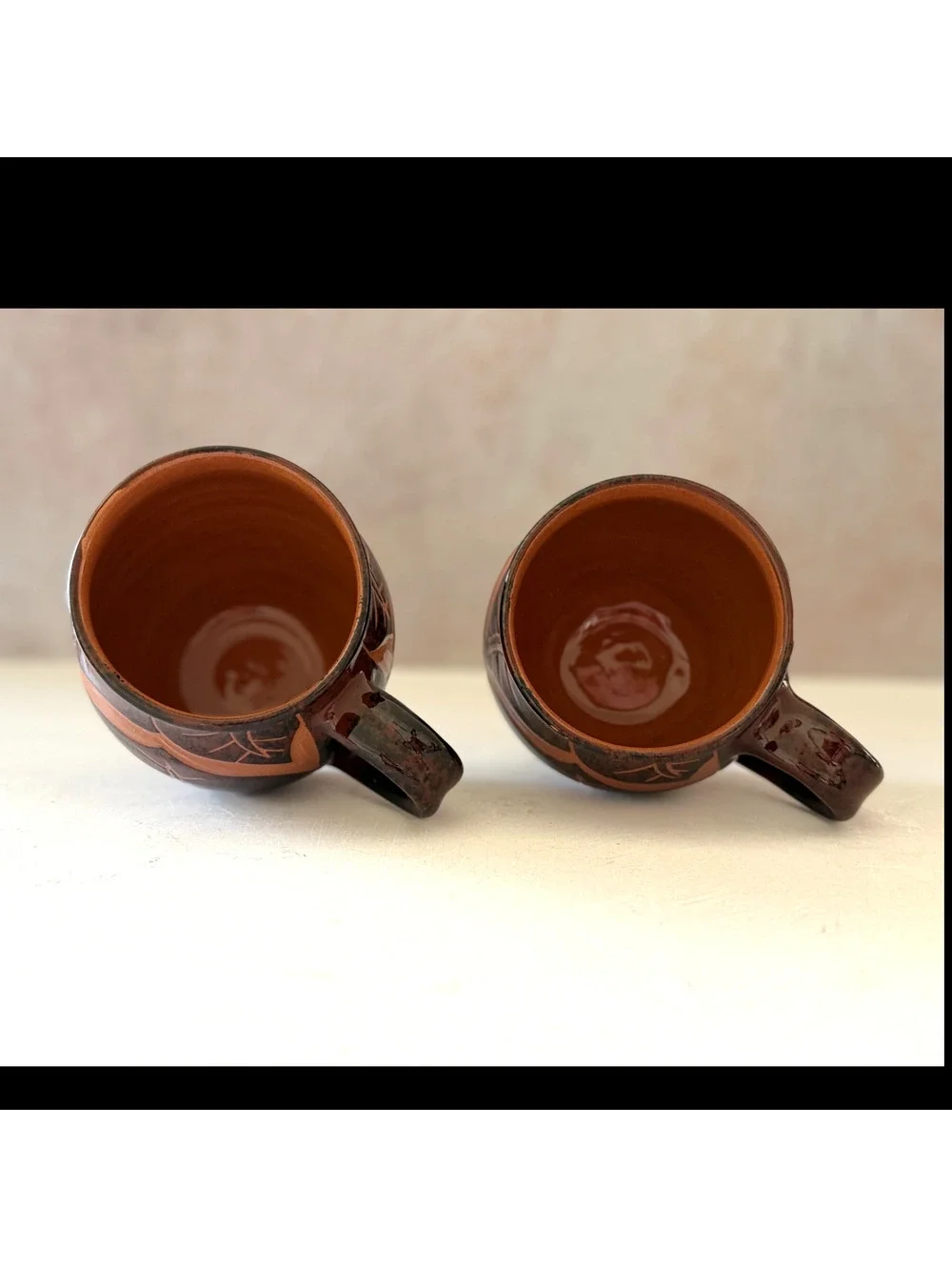 Wassi Art Jamaican Pottery Mug Pair | Hand Carved Leaf Redware Coffee Cups